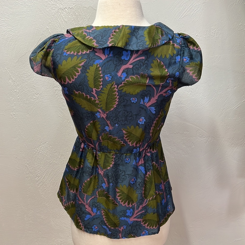 Vanessa Virginia Anthropologie Blue/Green Floral Print Peplum Blouse Size 0 - Picture 3 of 15